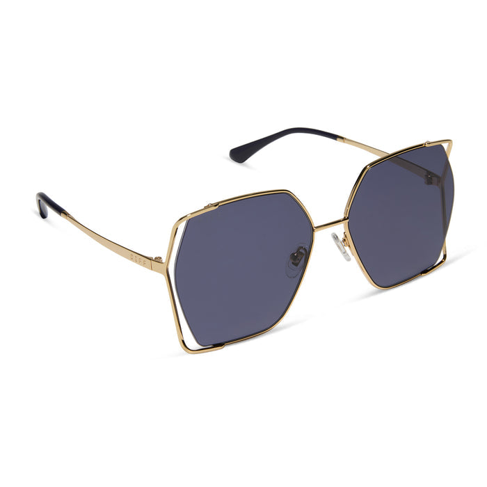 diff eyewear featuring the donna iv square sunglasses with a gold frame and midnight blue polarized lenses angled view