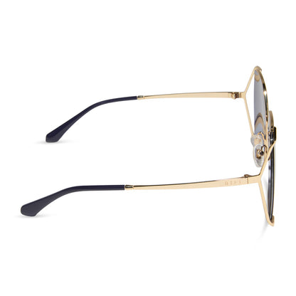diff eyewear featuring the donna iv square sunglasses with a gold frame and midnight blue polarized lenses side view