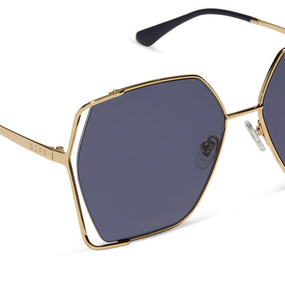 diff eyewear featuring the donna iv square sunglasses with a gold frame and midnight blue polarized lenses detailed view