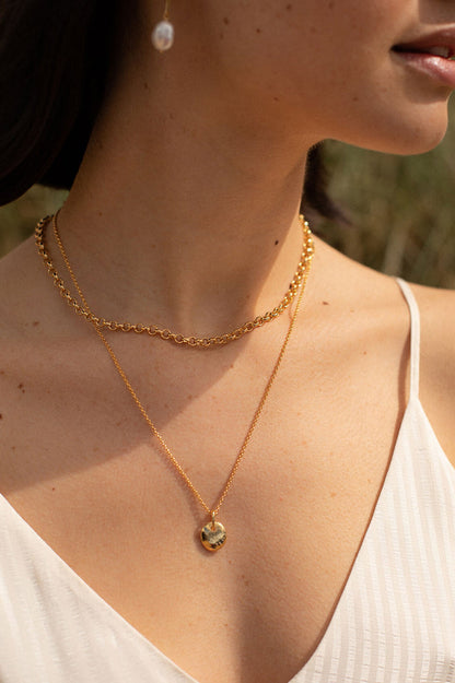 Double Layer Chain with Pebble Pendant Necklace