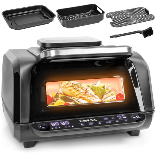 Duronic FG19 air fryer grill with grill plates and cleaning brush cooking chicken and vegetables for lunch, dinner