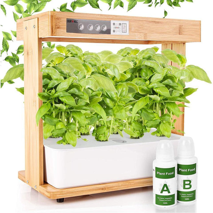 Duronic Hydroponic Growing System with a bamboo frame, featuring lush green basil plants, a white water reservoir, and two bottles of liquid plant food.