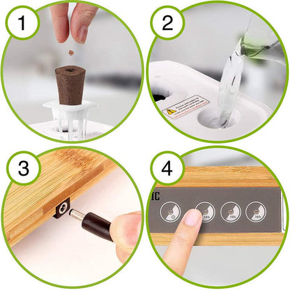 Duronic Hydroponic Growing System showing how to plant a seed in a peat pod, add water to the reservoir, connect the power adapter, and select a growth timer on an indoor hydroponic garden.