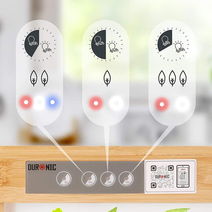 Duronic Hydroponic Growing System featuring three timer settings (14h, 12h, and 16h) with icons illustrating the corresponding light-to-dark cycles and plant growth stages.
