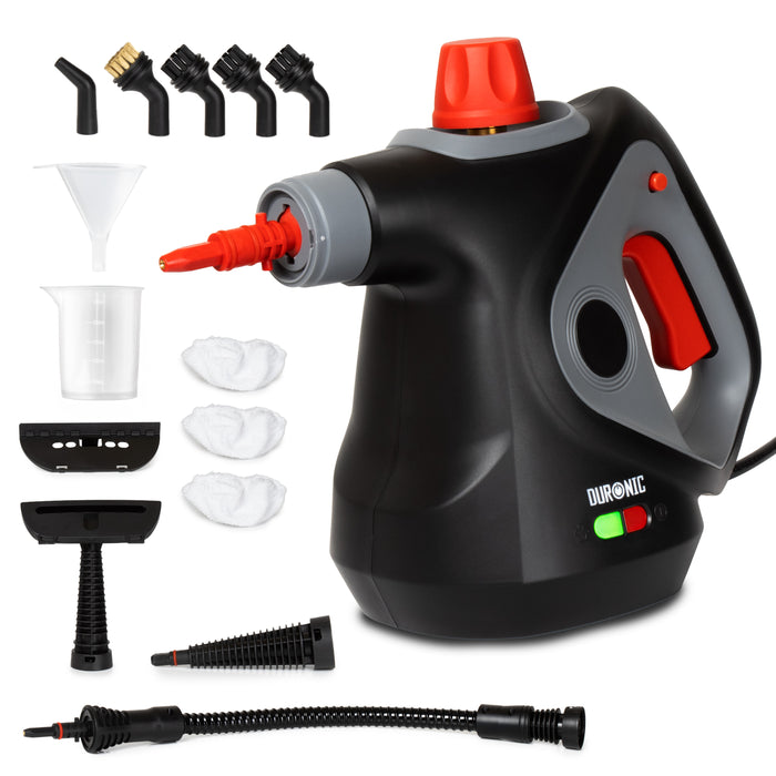 Duronic  Handheld Steam Cleaner set including brush nozzles, hose, and cleaning accessories.