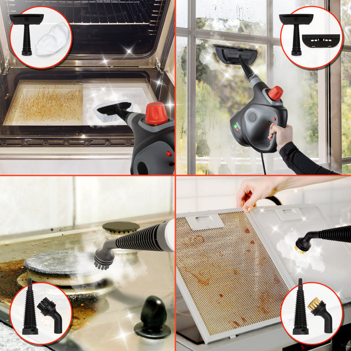 Duronic  Handheld Steam Cleaner with attachments cleaning an oven, glass window, stovetop, and grease filter.