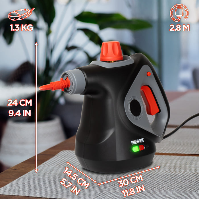 Duronic  Handheld Steam Cleaner showing product dimensions, lightweight design, and power cord.