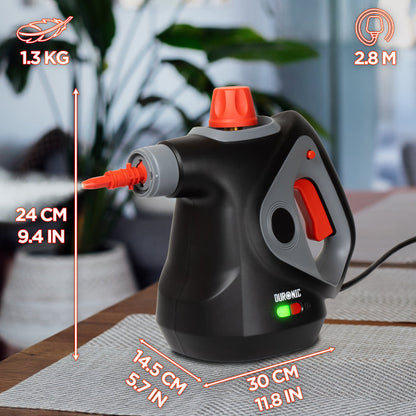 Duronic  Handheld Steam Cleaner showing product dimensions, lightweight design, and power cord.