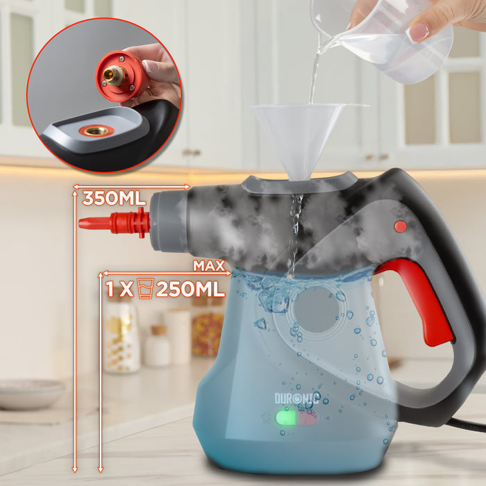 Duronic  Handheld Steam Cleaner with water using a funnel in a kitchen setting.
