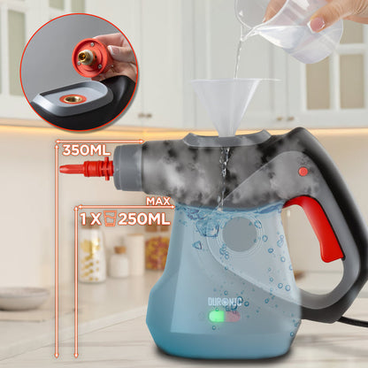 Duronic  Handheld Steam Cleaner with water using a funnel in a kitchen setting.