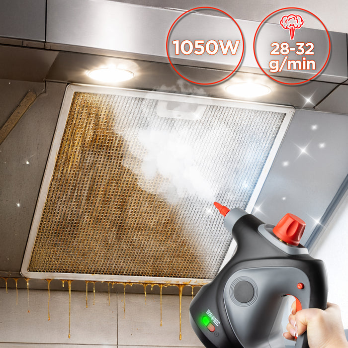 Duronic  Handheld Steam Cleaner blasting steam to clean a greasy range hood filter mesh.