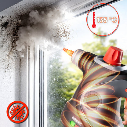 Duronic  Handheld Steam Cleaner to remove grime from a window frame.