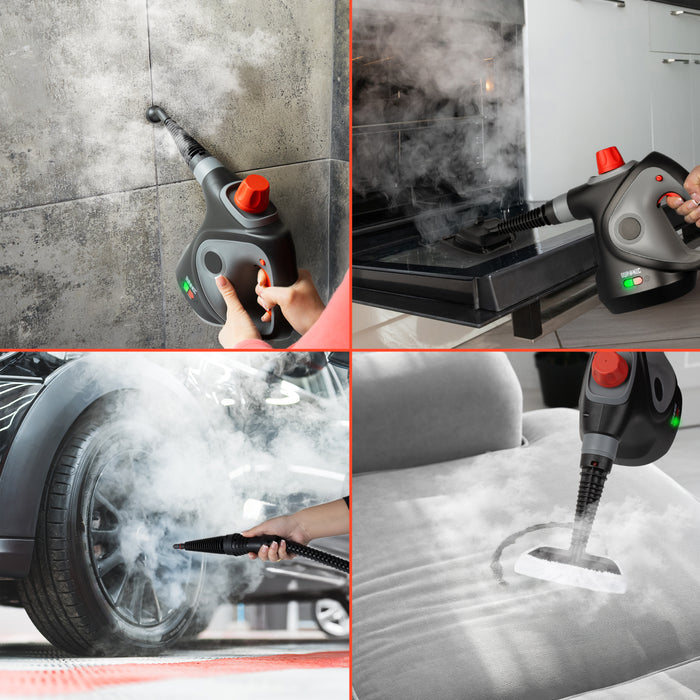 Duronic  Handheld Steam Cleaner being used to clean wall tiles, ovens, car wheels, and furniture.