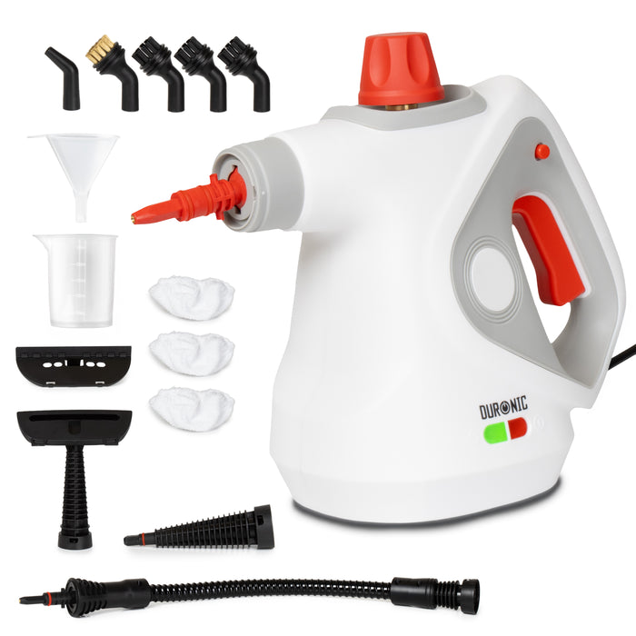 Duronic  Handheld Steam Cleaner surrounded by various nozzles, brushes, measuring cup, and hose attachments.