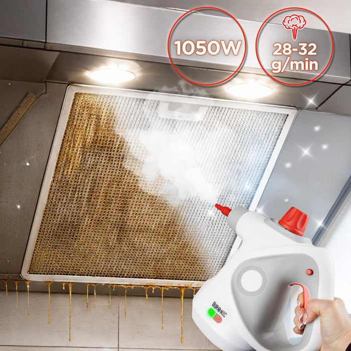 Duronic  Handheld Steam Cleaner removing heavy grease from a kitchen range hood filter screen.