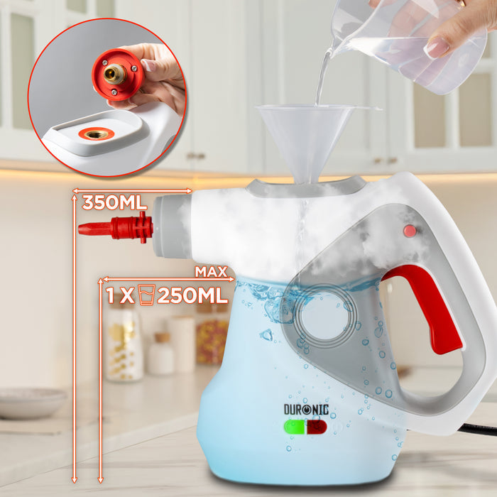 Duronic  Handheld Steam Cleaner with 350ml tank being filled using a funnel and measuring cup.