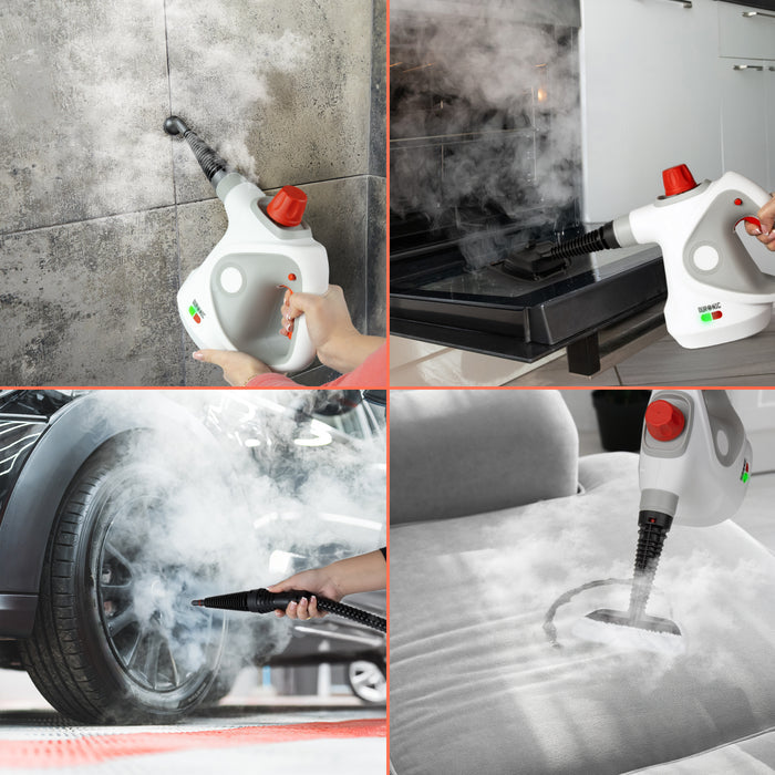 Duronic  Handheld Steam Cleaner used for deep cleaning tile grout, oven interiors, car wheels, and upholstery.