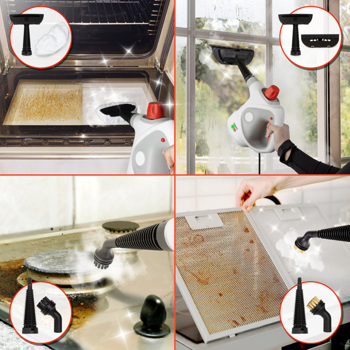 Duronic  Handheld Steam Cleaner with nozzle attachments cleaning grease off ovens, stovetops, filters, and glass windows.