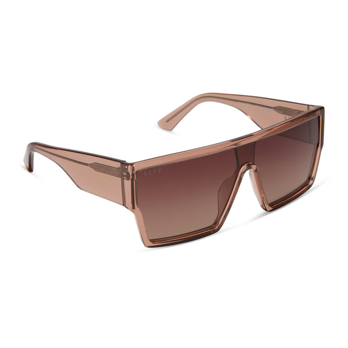 diff eyewear featuring the electra shield sunglasses with a café ole frame and brown gradient polarized lenses angled view