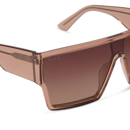 diff eyewear featuring the electra shield sunglasses with a café ole frame and brown gradient polarized lenses detailed view