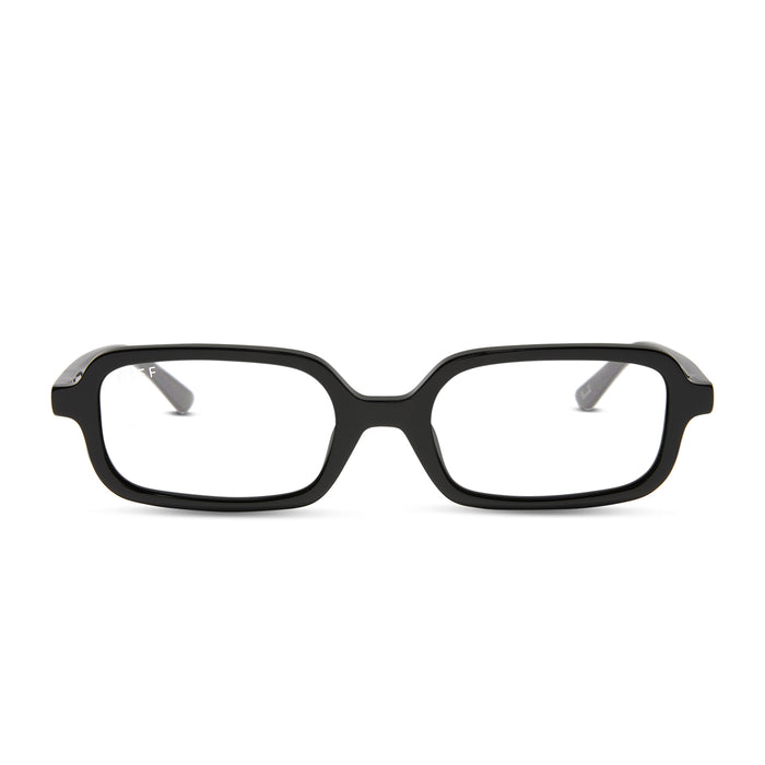aspyn ovard x diff eyewear featuring the elle rectangle prescription glasses with a black frame front view