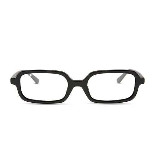 aspyn ovard x diff eyewear featuring the elle rectangle prescription glasses with a black frame front view