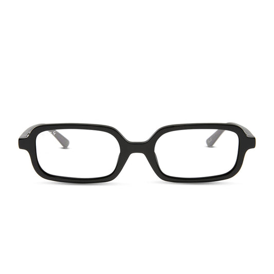 aspyn ovard x diff eyewear featuring the elle rectangle prescription glasses with a black frame front view