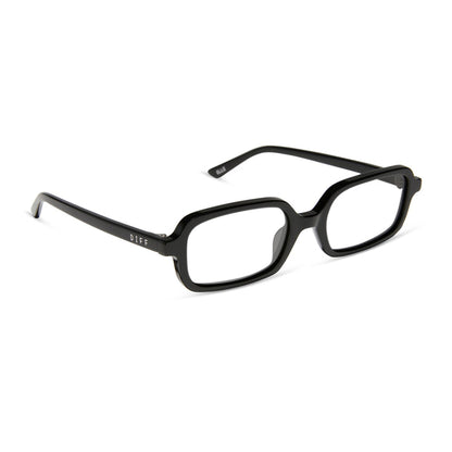 aspyn ovard x diff eyewear featuring the elle rectangle prescription glasses with a black frame angled view