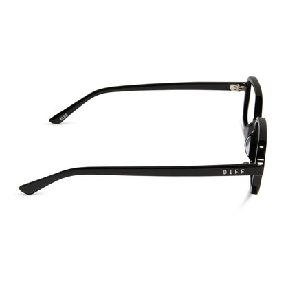 aspyn ovard x diff eyewear featuring the elle rectangle prescription glasses with a black frame side view