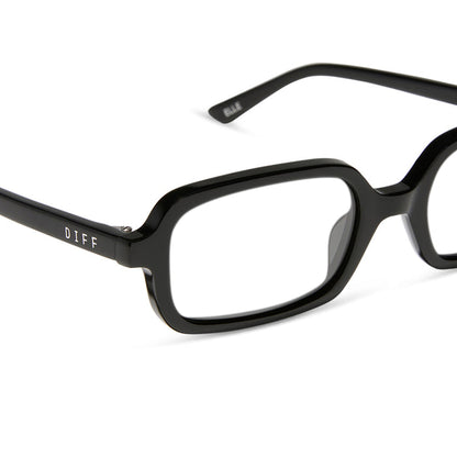 aspyn ovard x diff eyewear featuring the elle rectangle prescription glasses with a black frame detailed view