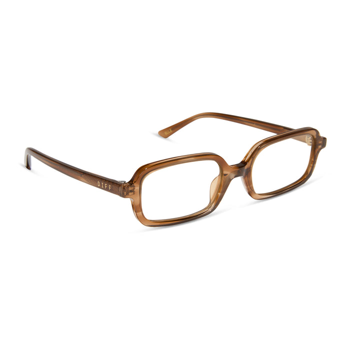 aspyn ovard x diff eyewear featuring the elle rectangle prescription glasses with a tortoise frame angled view