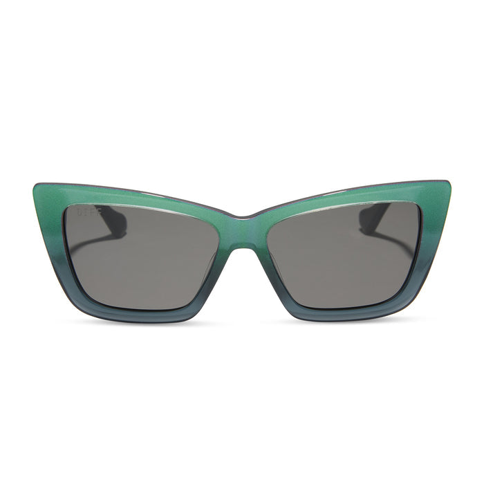 wicked x diff eyewear featuring the elphaba emerald square sunglasses with a black green gradient frame and grey lenses front view
