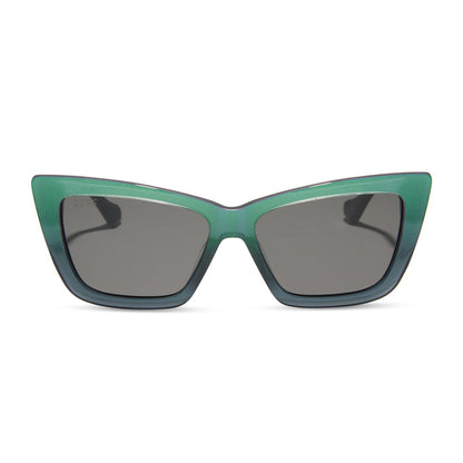wicked x diff eyewear featuring the elphaba emerald square sunglasses with a black green gradient frame and grey lenses front view