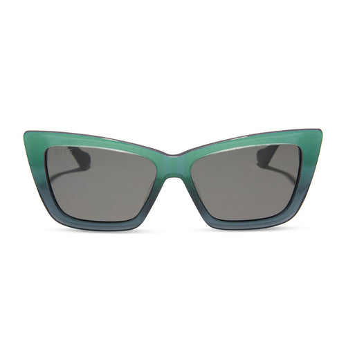 wicked x diff eyewear featuring the elphaba emerald square sunglasses with a black green gradient frame and grey lenses front view
