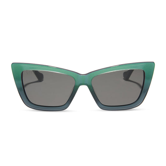 wicked x diff eyewear featuring the elphaba emerald square sunglasses with a black green gradient frame and grey lenses front view