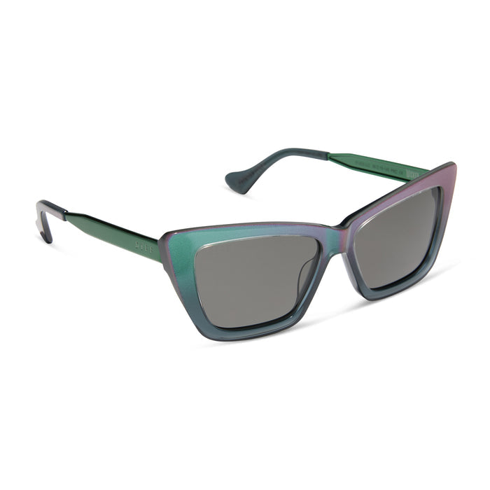 wicked x diff eyewear featuring the elphaba emerald square sunglasses with a black green gradient frame and grey lenses angled view