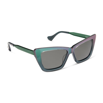 wicked x diff eyewear featuring the elphaba emerald square sunglasses with a black green gradient frame and grey lenses angled view