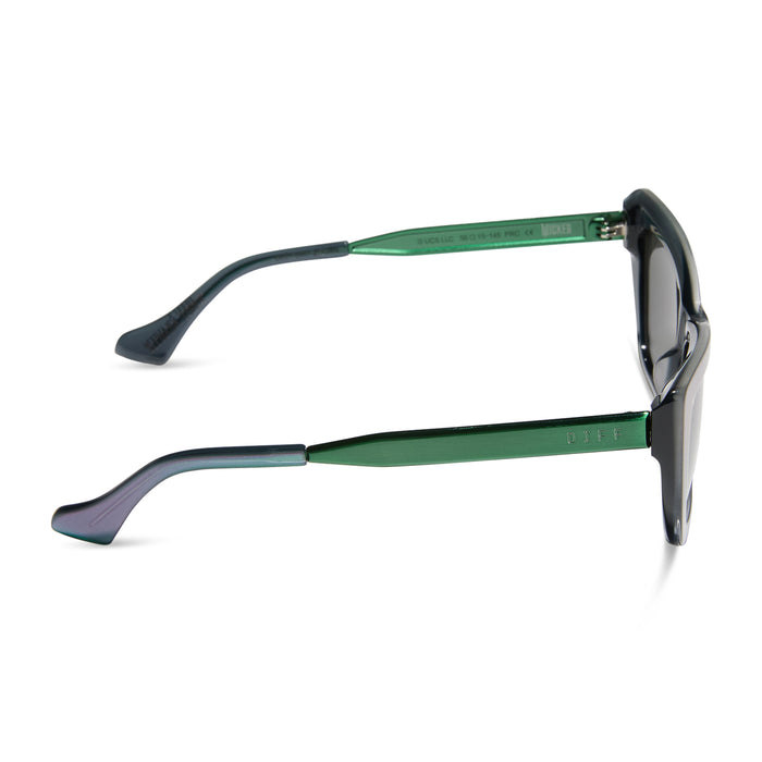 wicked x diff eyewear featuring the elphaba emerald square sunglasses with a black green gradient frame and grey lenses side view