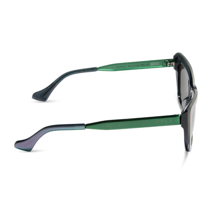wicked x diff eyewear featuring the elphaba emerald square sunglasses with a black green gradient frame and grey lenses side view