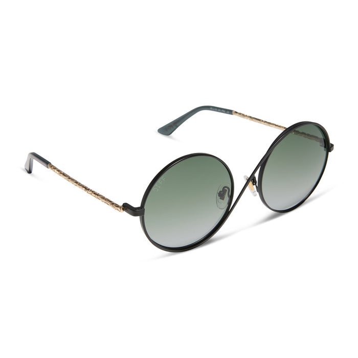 wicked x diff eyewear featuring the elphaba wire frames round sunglasses with a black frame and green lenses angled view