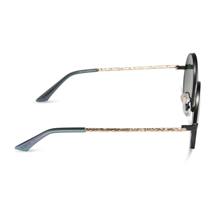 wicked x diff eyewear featuring the elphaba wire frames round sunglasses with a black frame and green lenses side view