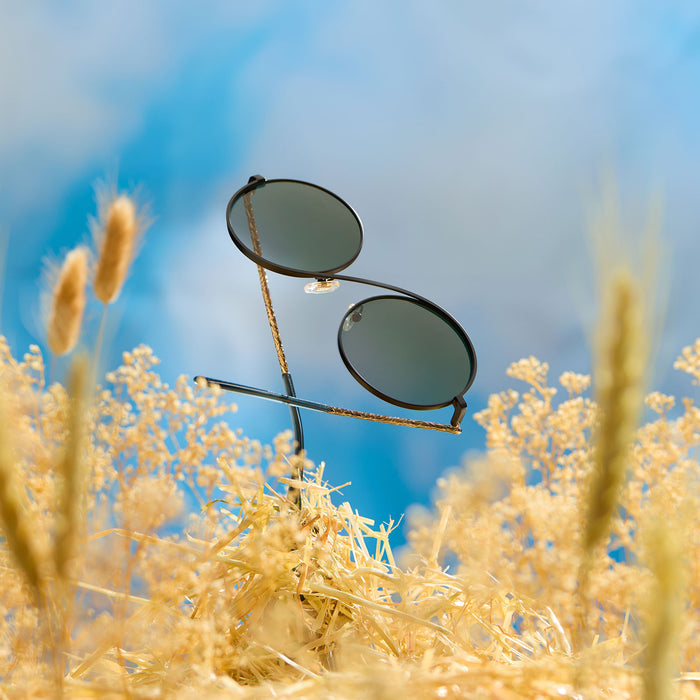 lifestyle - wicked x diff eyewear featuring the elphaba wire frames round sunglasses with a black frame and green lenses front view