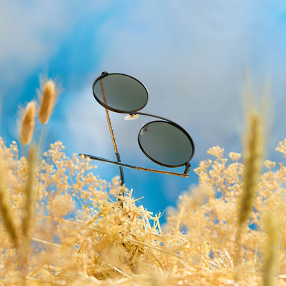 lifestyle - wicked x diff eyewear featuring the elphaba wire frames round sunglasses with a black frame and green lenses front view