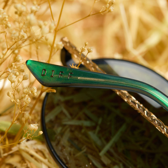 wicked x diff eyewear featuring the elphaba wire frames round sunglasses with a black frame and green lenses detailed view