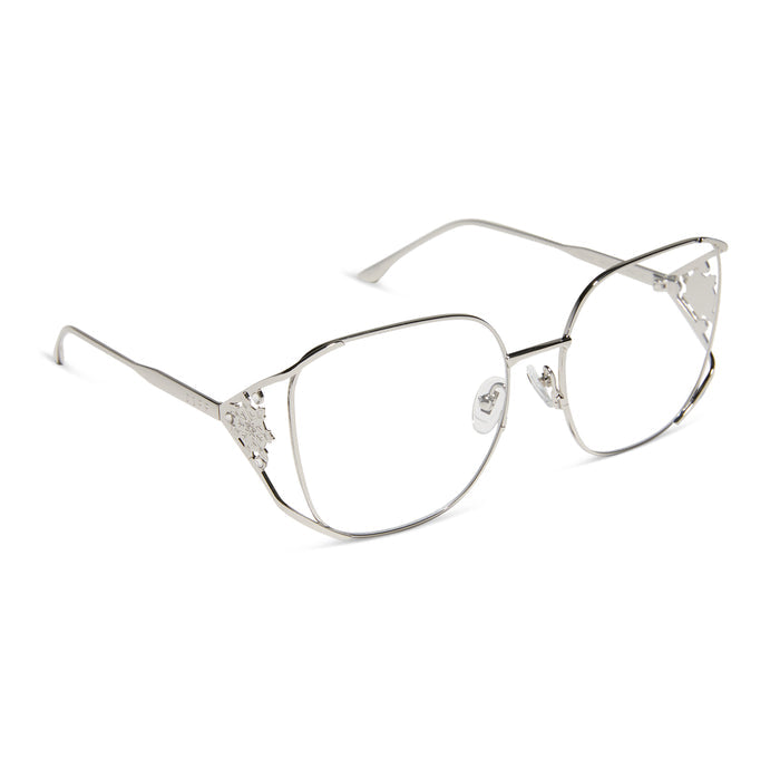 frozen x diff eyewear featuring the elsa oversized square prescription glasses with a cool silver gloss metal frame angled view