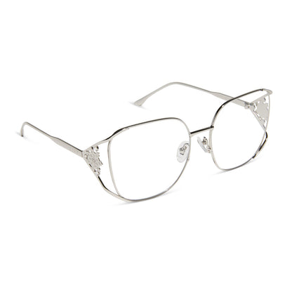 frozen x diff eyewear featuring the elsa oversized square prescription glasses with a cool silver gloss metal frame angled view