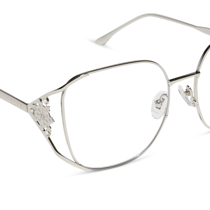 frozen x diff eyewear featuring the elsa oversized square prescription glasses with a cool silver gloss metal frame detailed view