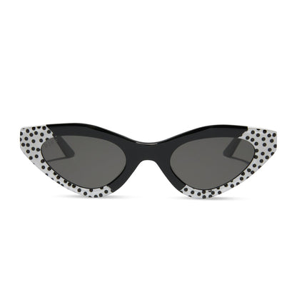 emily in paris x diff eyewear featuring the emily 2.0 cat eye sunglasses with a midnight polka dot frame and chic grey lenses front view
