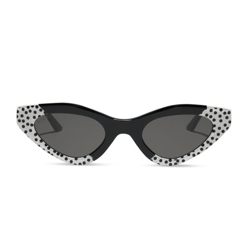 emily in paris x diff eyewear featuring the emily 2.0 cat eye sunglasses with a midnight polka dot frame and chic grey lenses front view