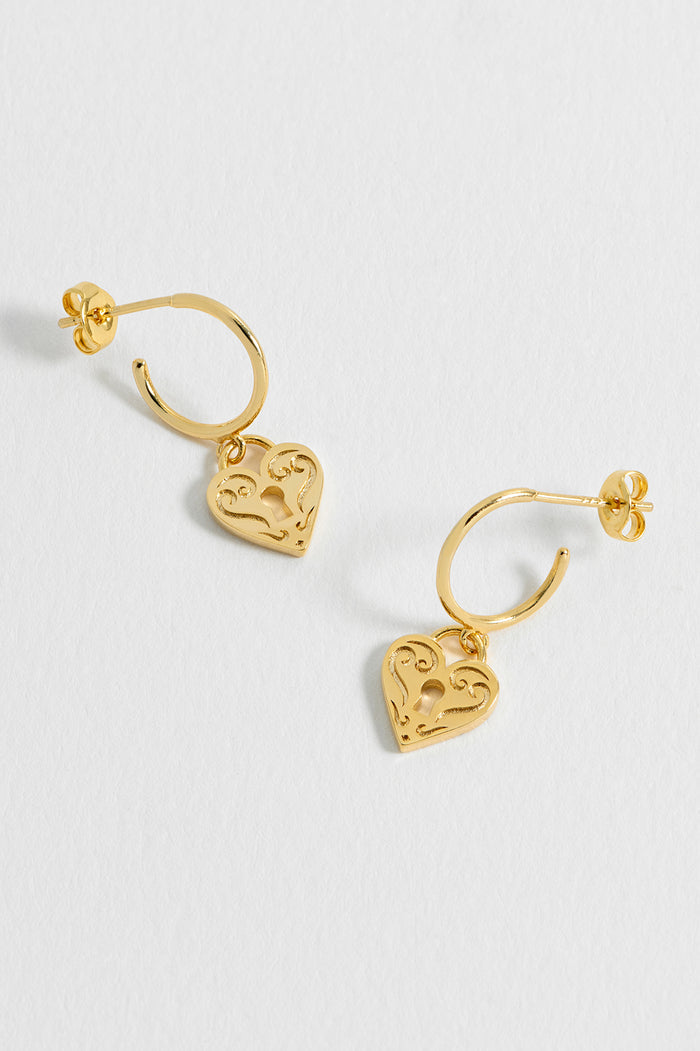 Engraved Heart Padlock Hoop Earrings